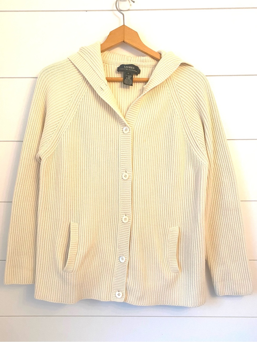 Lauren Ralph Lauren Cream Hooded Rib-Knit Button Cardigan (size large)